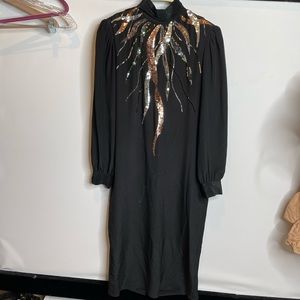80s Authentic Vintage Argenti Silk Dress Sheer Sequin Black gold long sleeves 4